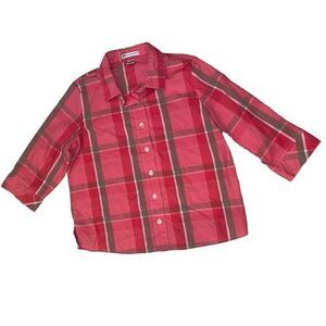 Rebecca Malone Top Blouse Large Pink Multicolor Plaid Womens 3/4 Sleeve Collared